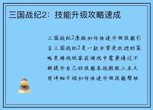 三国战纪2：技能升级攻略速成