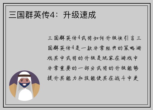 三国群英传4：升级速成