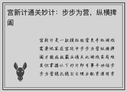 宫新计通关妙计：步步为营，纵横捭阖